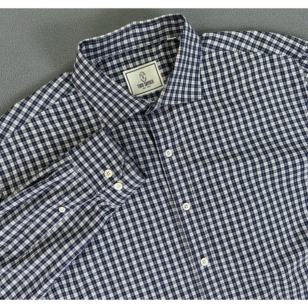 Todd Snyder Shirt Mens Size 17‎ Blue White Plaid Quiet Luxury Casual Minimalist